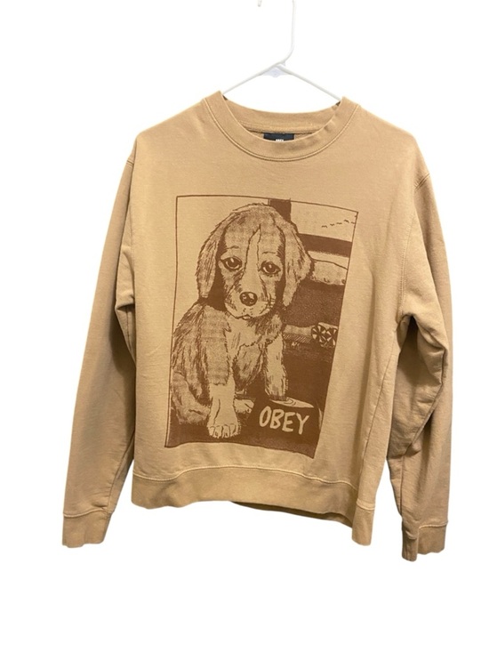 Obey Tops - Obey Tan Crewneck Sweatshirt with Brown Puppy Graphic
